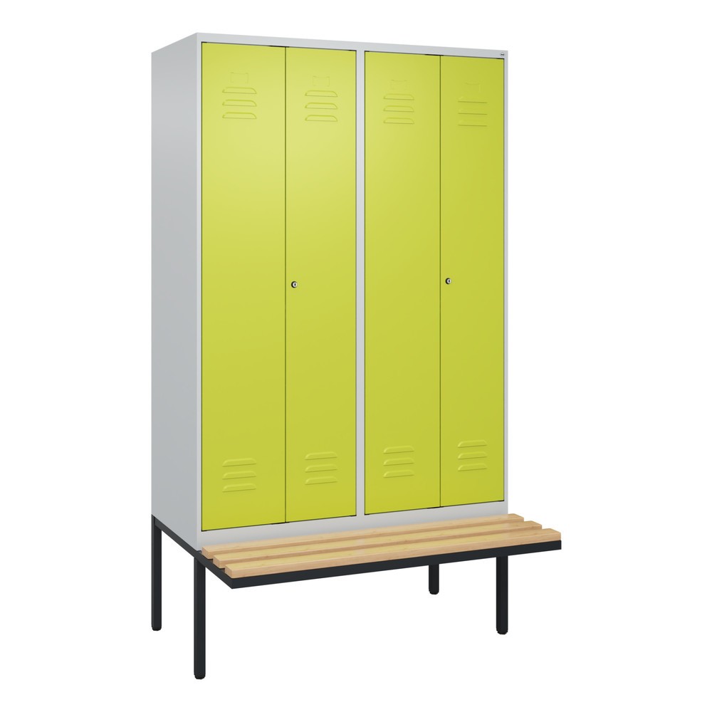 Illustration du produit: C+P Schwarz-Weiß-Spind Classic PLUS, 4 Abteile, HxBxT 2.120 x 1.200 x 815 mm, Zylinderschloss, auskragende Bank aus Buche, lichtgrau, clowngrün