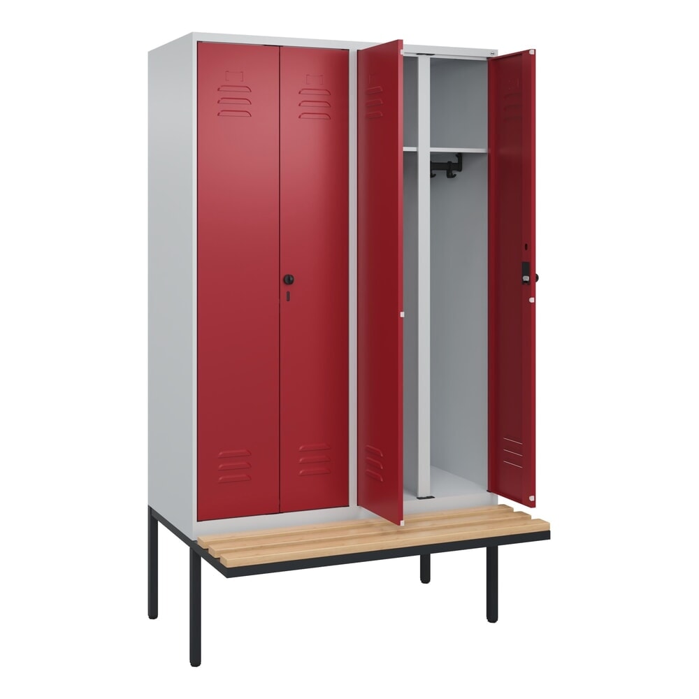 Produktabbildung: C+P Schwarz-Weiss-Spind Classic PLUS, 4 Abteile, HxBxT 2.120 x 1.200 x 815 mm, für Vorhängeschloss, auskragende Bank aus Buche, lichtgrau, rubinrot