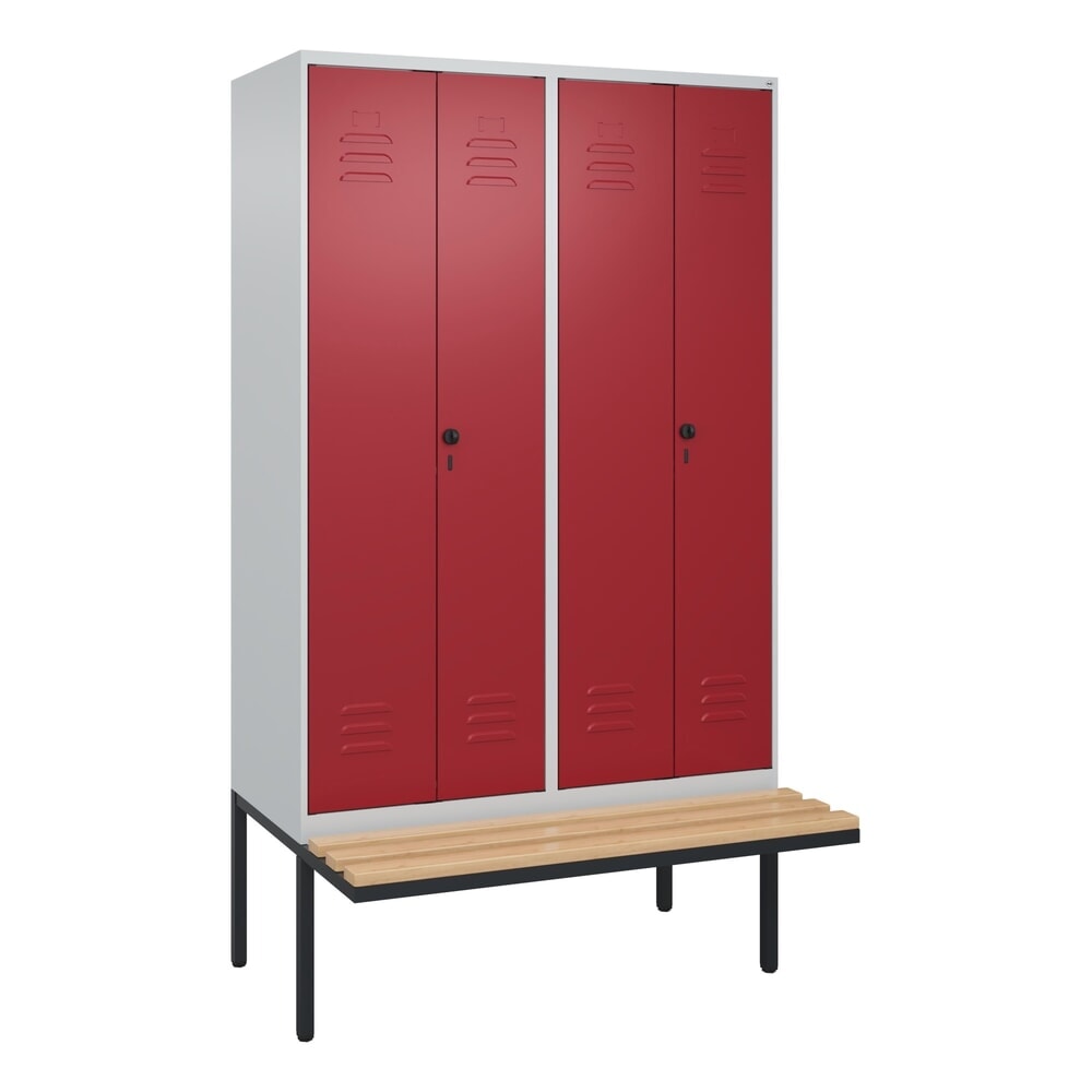 Produktabbildung Nr. 8: C+P Schwarz-Weiss-Spind Classic PLUS, 4 Abteile, HxBxT 2.120 x 1.200 x 815 mm, für Vorhängeschloss, auskragende Bank aus Buche, lichtgrau, rubinrot