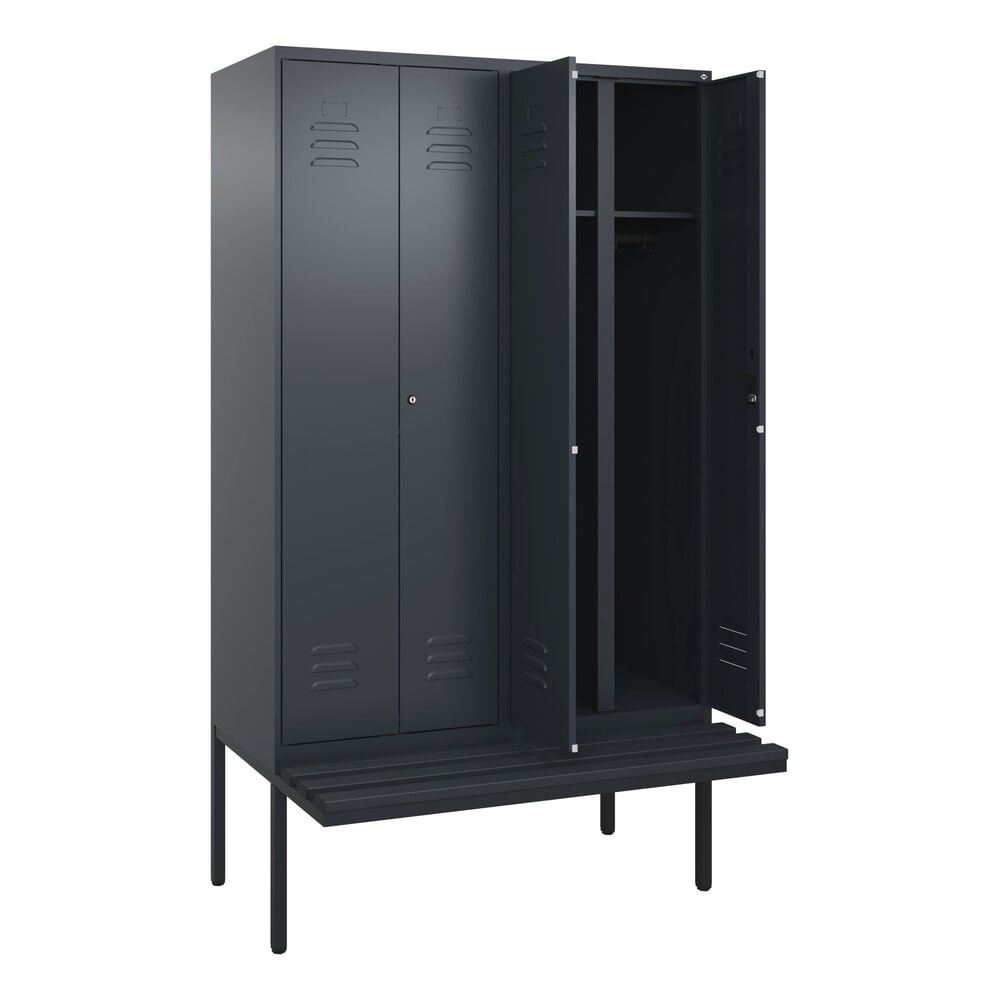 Produktabbildung Nr. 1: C+P Schwarz-Weiss-Spind Classic PLUS, 4 Abteile, HxBxT 2.120 x 1.200 x 815 mm, Zylinderschloss, auskragende Bank aus Kunststoff, anthrazitgrau, anthrazitgrau
