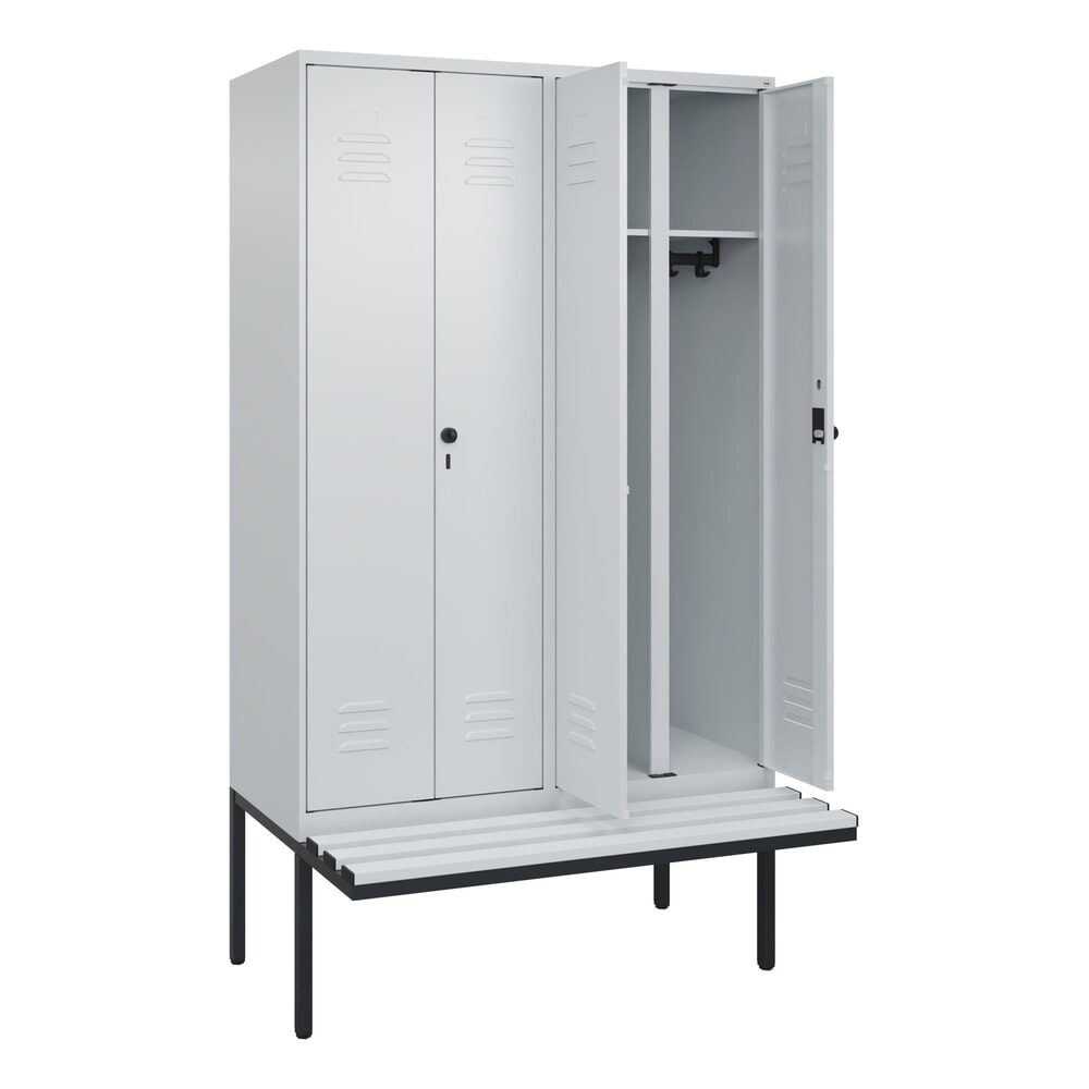 Illustration du produit: C+P Schwarz-Weiß-Spind Classic PLUS, 4 Abteile, HxBxT 2.120 x 1.200 x 815 mm, für Vorhängeschloss, auskragende Bank aus Kunststoff, lichtgrau, lichtgrau