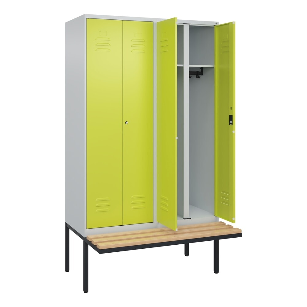 Produktabbildung: C+P Schwarz-Weiss-Spind Classic PLUS, 4 Abteile, HxBxT 2.120 x 1.200 x 815 mm, Zylinderschloss, auskragende Bank aus Buche, lichtgrau, clowngrün