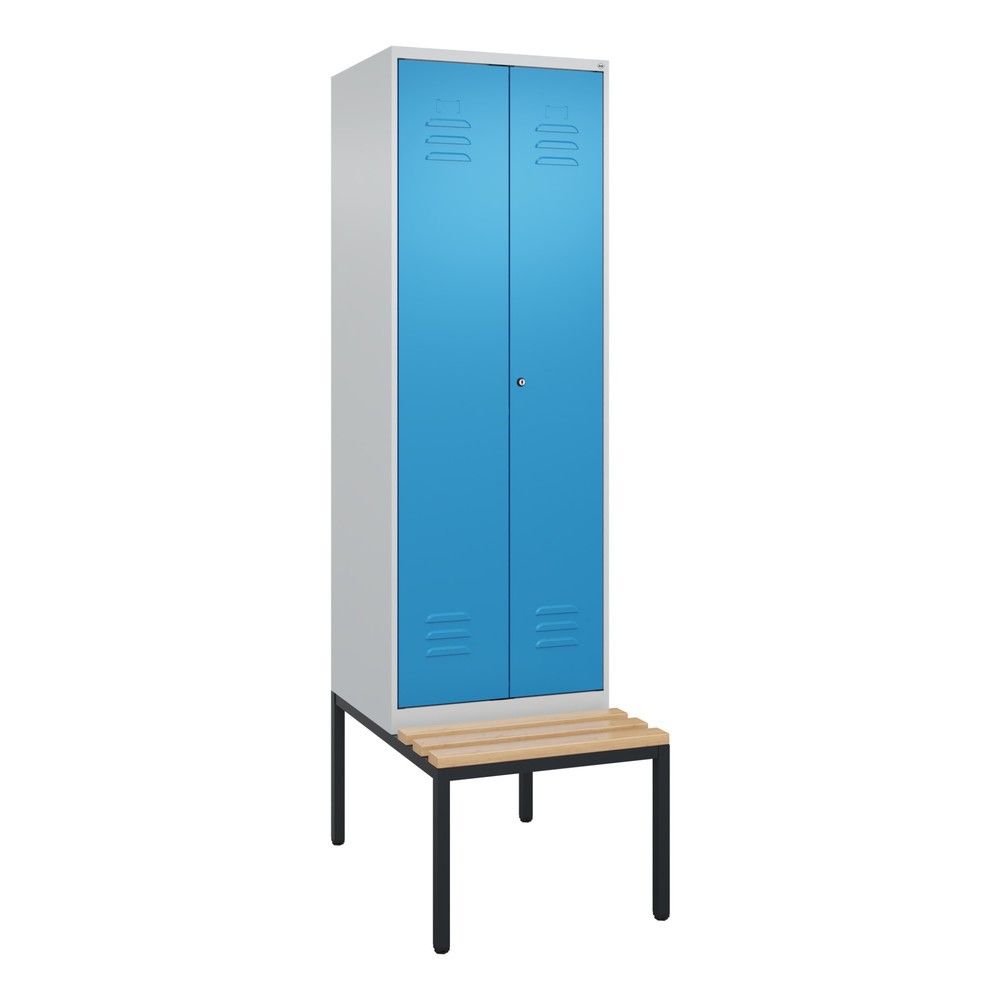 Produktabbildung: C+P Schwarz-Weiss-Spind Classic PLUS, 2 Abteile, HxBxT 2.120 x 600 x 815 mm, Zylinderschloss, untergebaute Bank aus Buche, lichtgrau, lichtblau