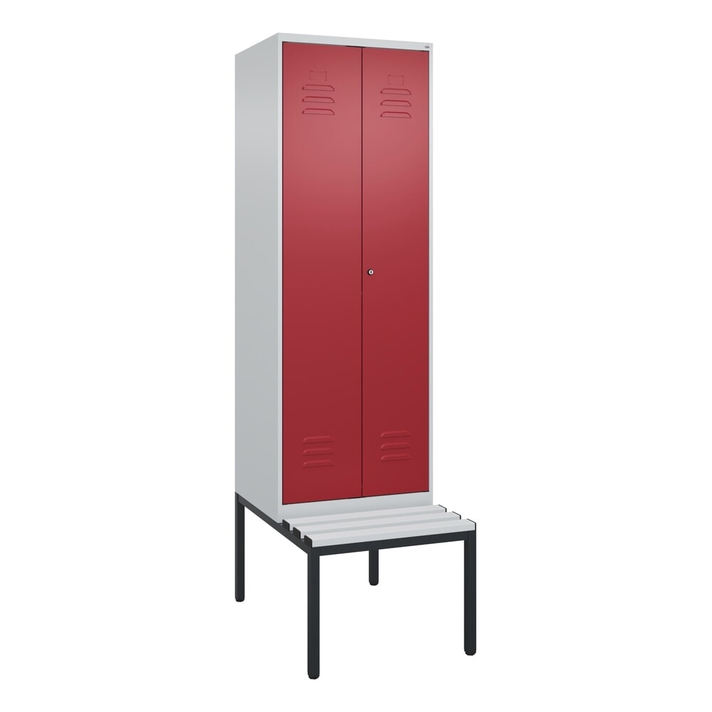 N° de l'image du produit 9 : C+P Schwarz-Weiß-Spind Classic PLUS, 2 Abteile, HxBxT 2.120 x 600 x 815 mm, Zylinderschloss, untergebaute Bank aus Kunststoff, lichtgrau, rubinrot