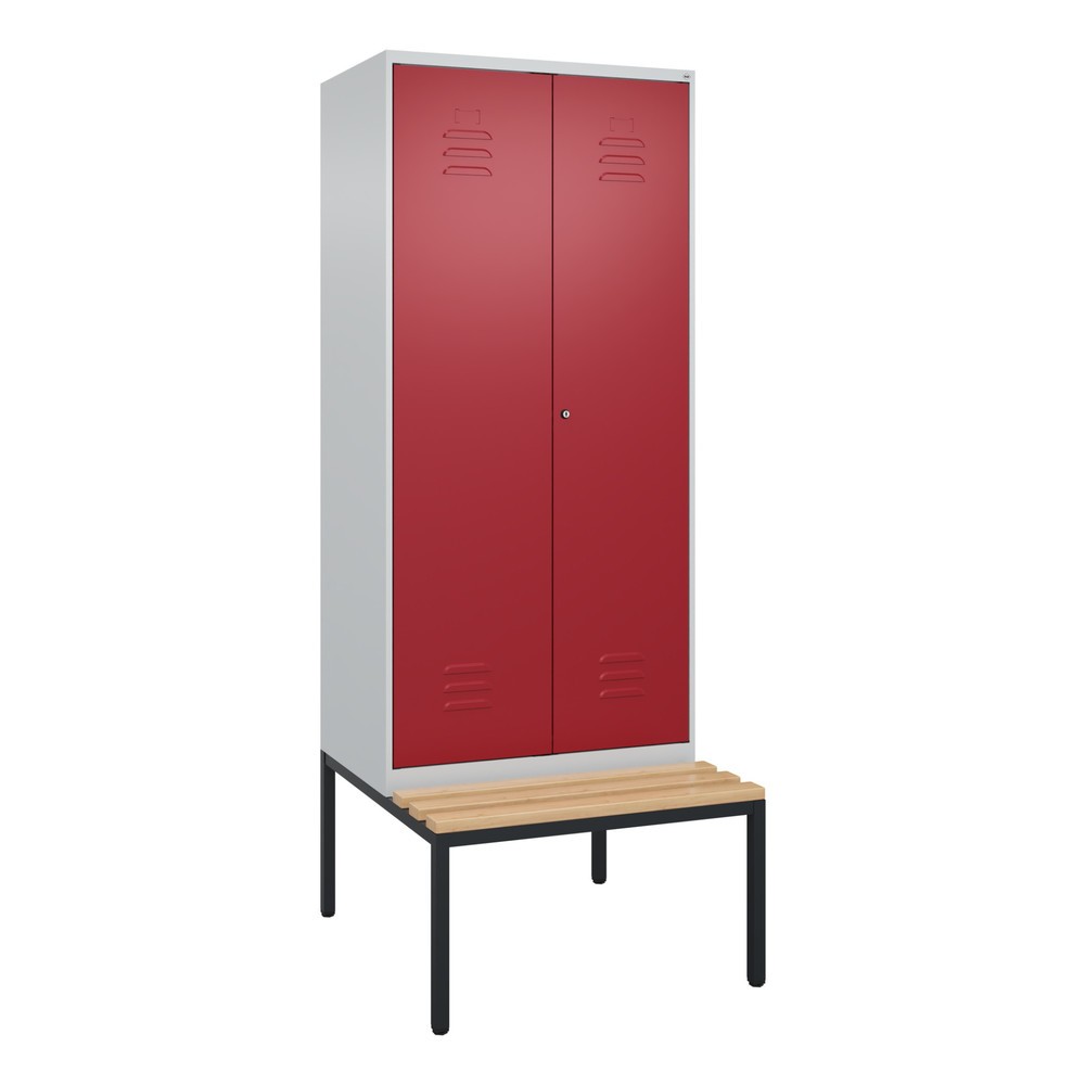 Produktabbildung: C+P Schwarz-Weiss-Spind Classic PLUS, 2 Abteile, HxBxT 2.120 x 800 x 815 mm, Zylinderschloss, untergebaute Bank aus Buche, lichtgrau, rubinrot