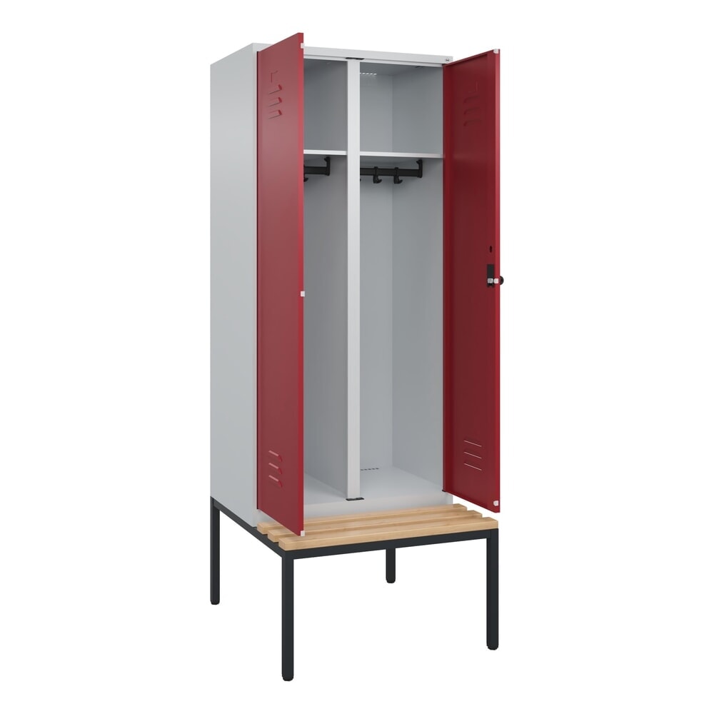 Produktabbildung: C+P Schwarz-Weiss-Spind Classic PLUS, 2 Abteile, HxBxT 2.120 x 800 x 815 mm, für Vorhängeschloss, untergebaute Bank aus Buche, lichtgrau, rubinrot