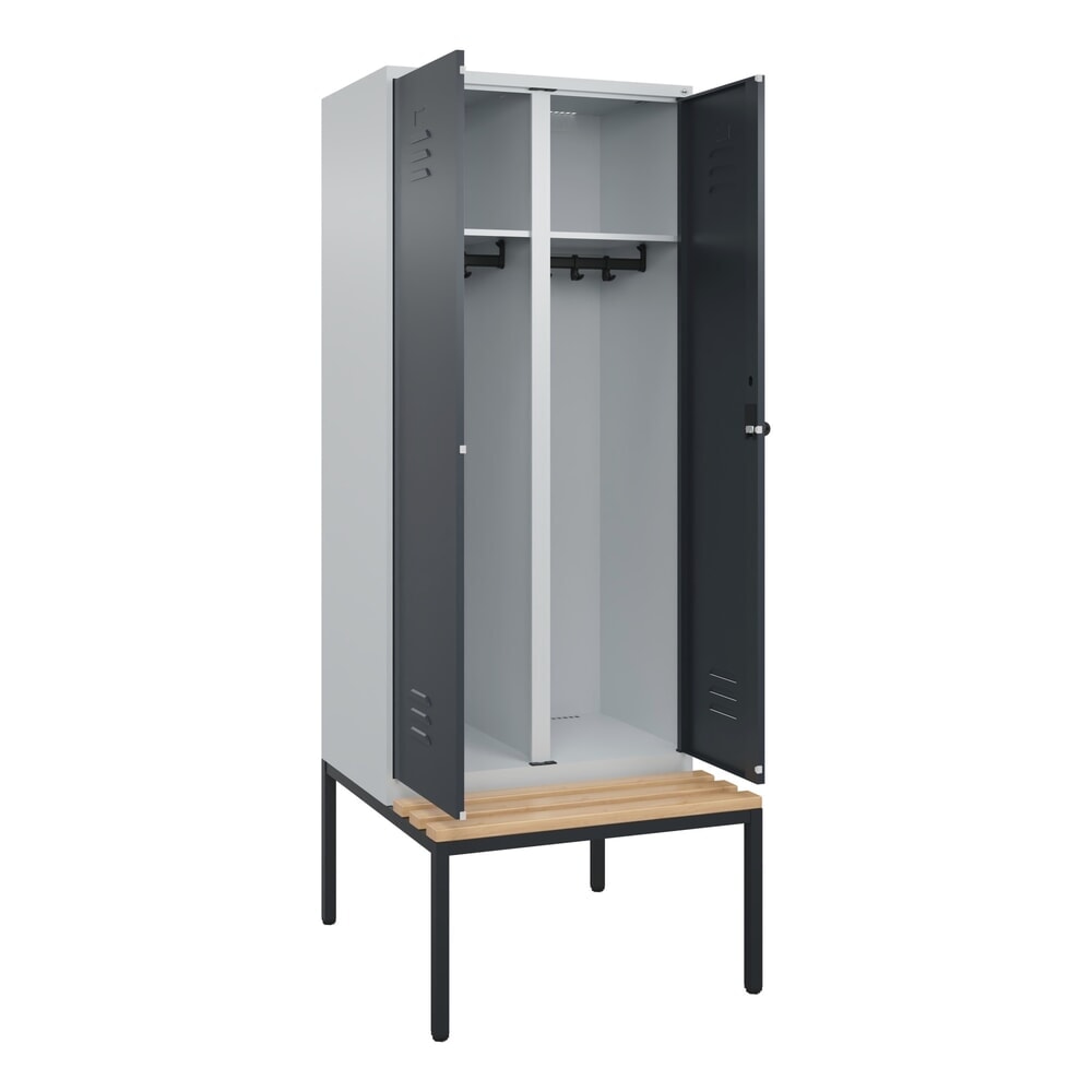 Illustration du produit: C+P Schwarz-Weiß-Spind Classic PLUS, 2 Abteile, HxBxT 2.120 x 800 x 815 mm, für Vorhängeschloss, untergebaute Bank aus Buche, lichtgrau, anthrazitgrau