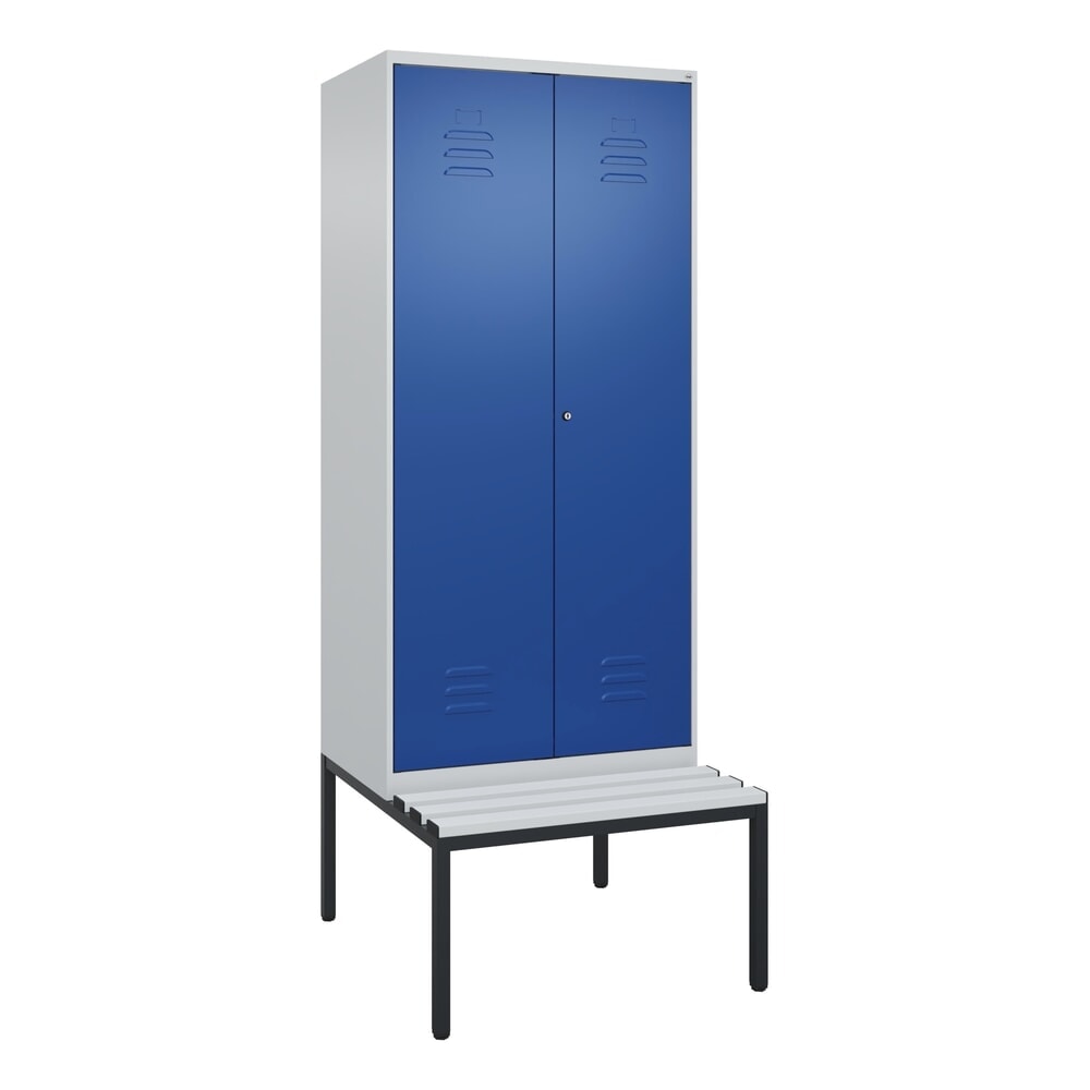 Produktabbildung Nr. 9: C+P Schwarz-Weiss-Spind Classic PLUS, 2 Abteile, HxBxT 2.120 x 800 x 815 mm, Zylinderschloss, untergebaute Bank aus Kunststoff, lichtgrau, enzianblau