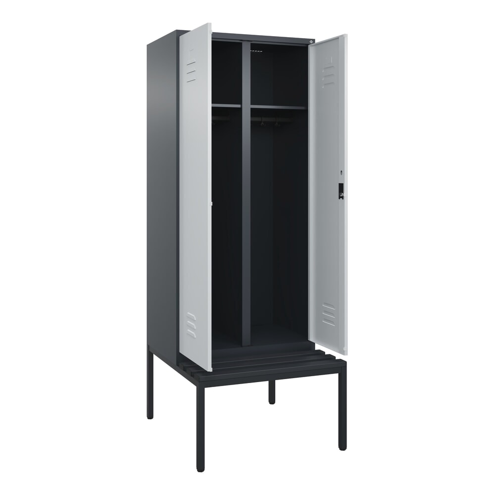 Illustration du produit: C+P Schwarz-Weiß-Spind Classic PLUS, 2 Abteile, HxBxT 2.120 x 800 x 815 mm, Zylinderschloss, untergebaute Bank aus Kunststoff, anthrazitgrau, lichtgrau