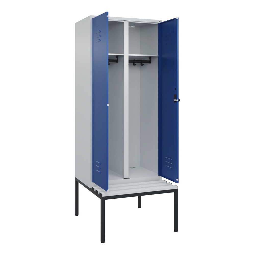 Produktabbildung: C+P Schwarz-Weiss-Spind Classic PLUS, 2 Abteile, HxBxT 2.120 x 800 x 815 mm, für Vorhängeschloss, untergebaute Bank aus Kunststoff, lichtgrau, enzianblau