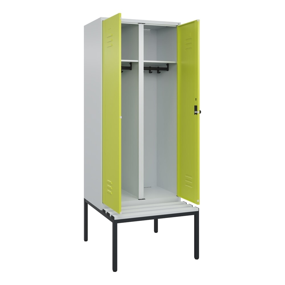N° de l'image du produit 1 : C+P Schwarz-Weiß-Spind Classic PLUS, 2 Abteile, HxBxT 2.120 x 800 x 815 mm, für Vorhängeschloss, untergebaute Bank aus Kunststoff, lichtgrau, clowngrün