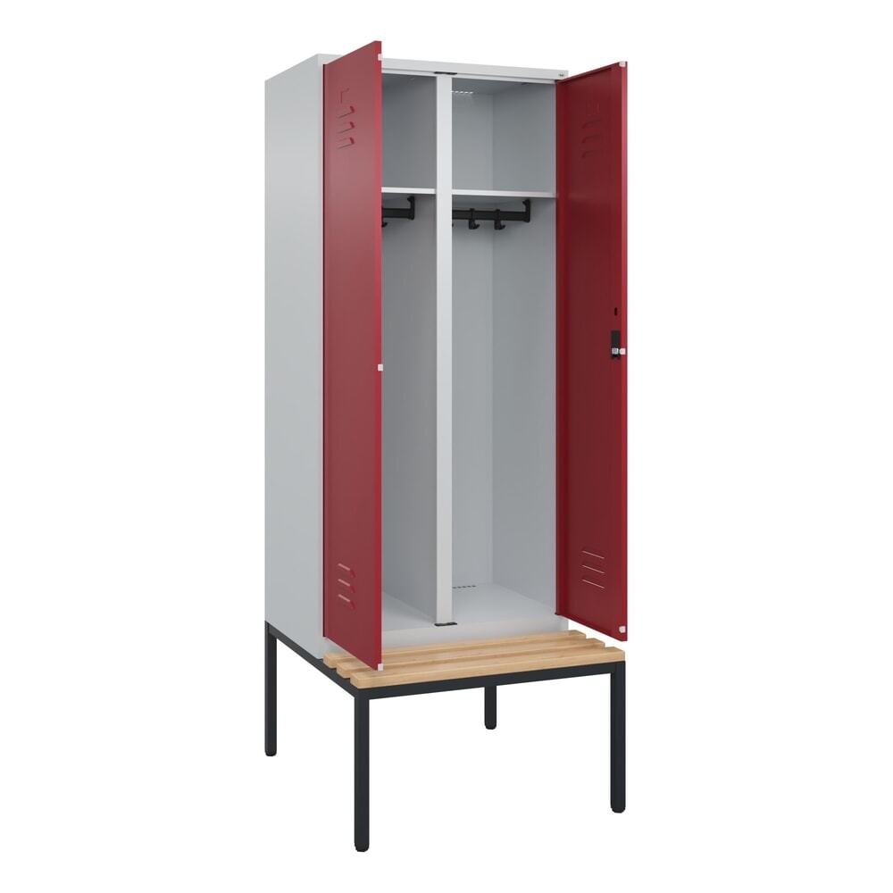 Produktabbildung Nr. 1: C+P Schwarz-Weiss-Spind Classic PLUS, 2 Abteile, HxBxT 2.120 x 800 x 815 mm, Zylinderschloss, untergebaute Bank aus Buche, lichtgrau, rubinrot