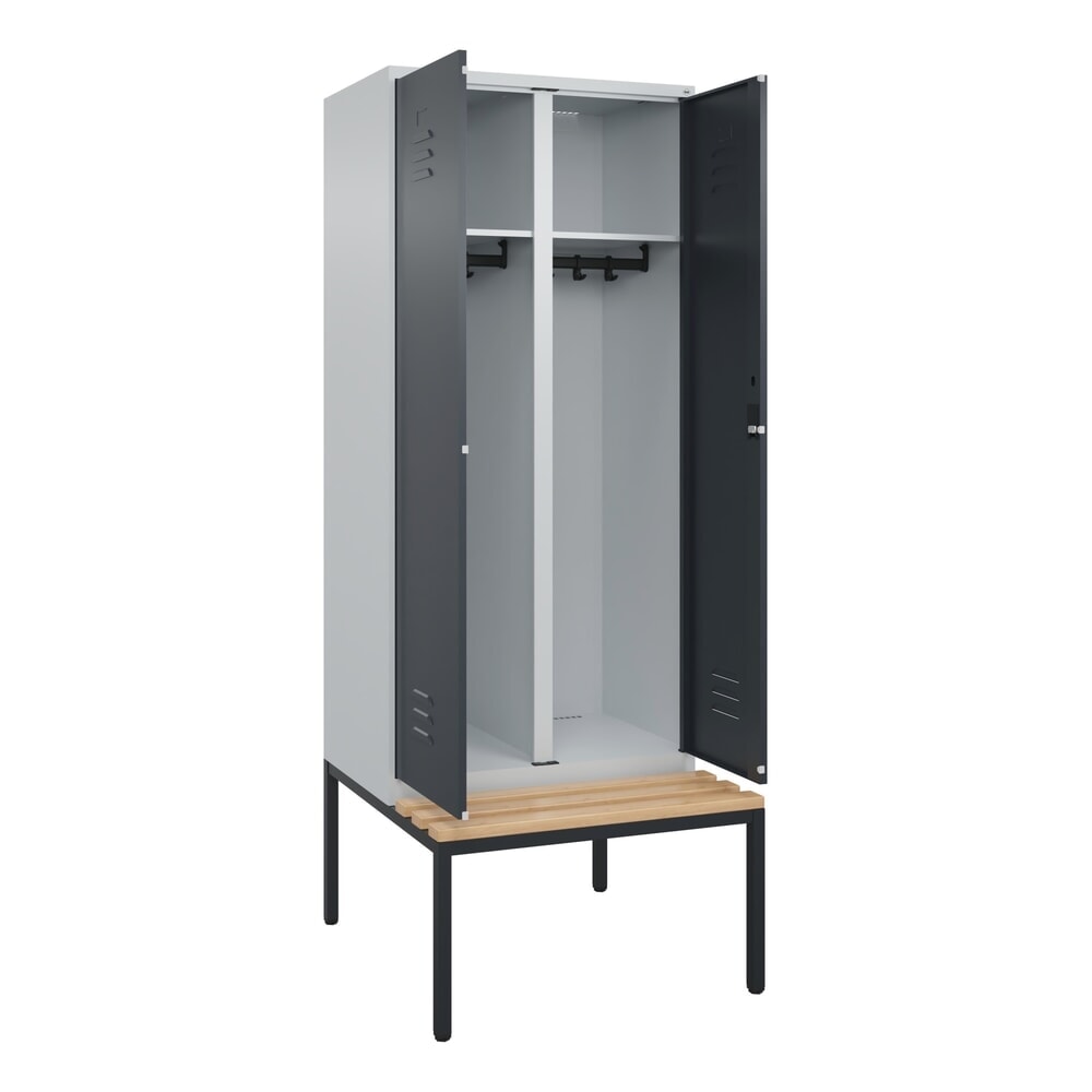 Illustration du produit: C+P Schwarz-Weiß-Spind Classic PLUS, 2 Abteile, HxBxT 2.120 x 800 x 815 mm, Zylinderschloss, untergebaute Bank aus Buche, lichtgrau, anthrazitgrau