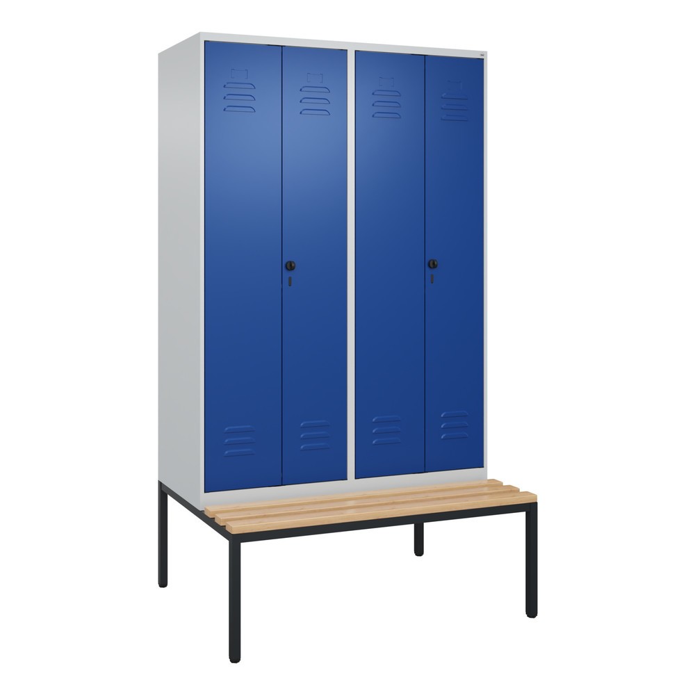 Illustration du produit: C+P Schwarz-Weiß-Spind Classic PLUS, 4 Abteile, HxBxT 2.120 x 1.200 x 815 mm, für Vorhängeschloss, untergebaute Bank aus Buche, lichtgrau, enzianblau