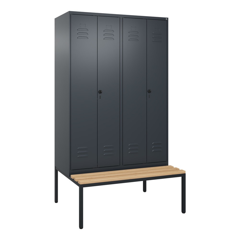 Produktabbildung: C+P Schwarz-Weiss-Spind Classic PLUS, 4 Abteile, HxBxT 2.120 x 1.200 x 815 mm, für Vorhängeschloss, untergebaute Bank aus Buche, anthrazitgrau, anthrazitgrau