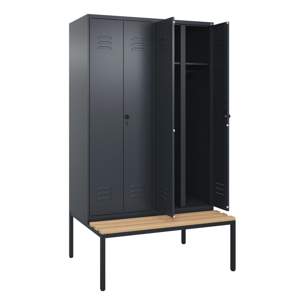 Produktabbildung Nr. 1: C+P Schwarz-Weiss-Spind Classic PLUS, 4 Abteile, HxBxT 2.120 x 1.200 x 815 mm, für Vorhängeschloss, untergebaute Bank aus Buche, anthrazitgrau, anthrazitgrau
