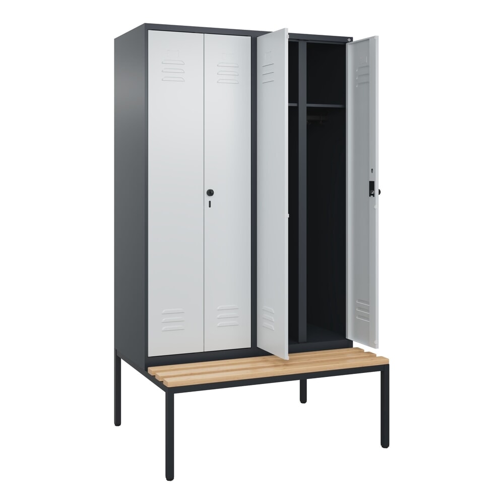 Illustration du produit: C+P Schwarz-Weiß-Spind Classic PLUS, 4 Abteile, HxBxT 2.120 x 1.200 x 815 mm, für Vorhängeschloss, untergebaute Bank aus Buche, anthrazitgrau, lichtgrau