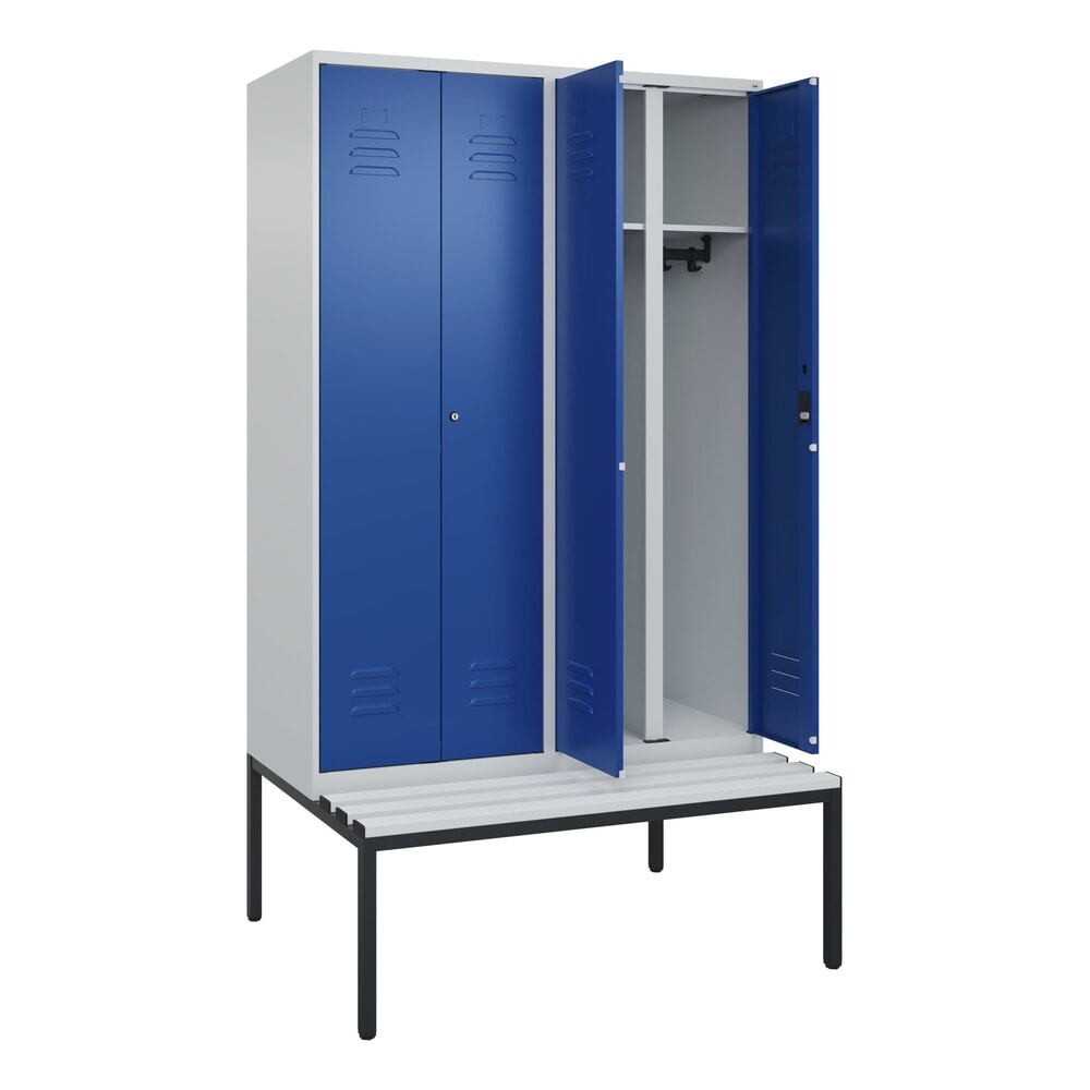 N° de l'image du produit 1 : C+P Schwarz-Weiß-Spind Classic PLUS, 4 Abteile, HxBxT 2.120 x 1.200 x 815 mm, Zylinderschloss, untergebaute Bank aus Kunststoff, lichtgrau, enzianblau