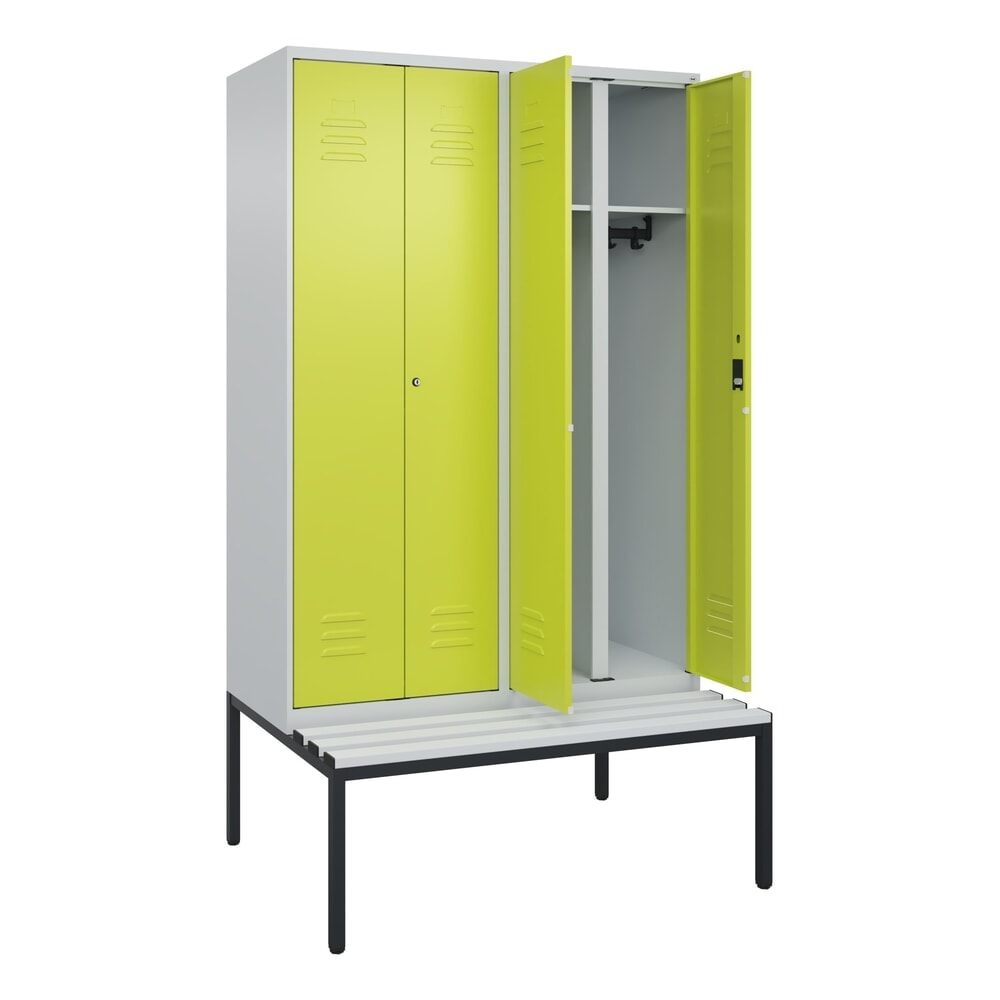Illustration du produit: C+P Schwarz-Weiß-Spind Classic PLUS, 4 Abteile, HxBxT 2.120 x 1.200 x 815 mm, Zylinderschloss, untergebaute Bank aus Kunststoff, lichtgrau, clowngrün