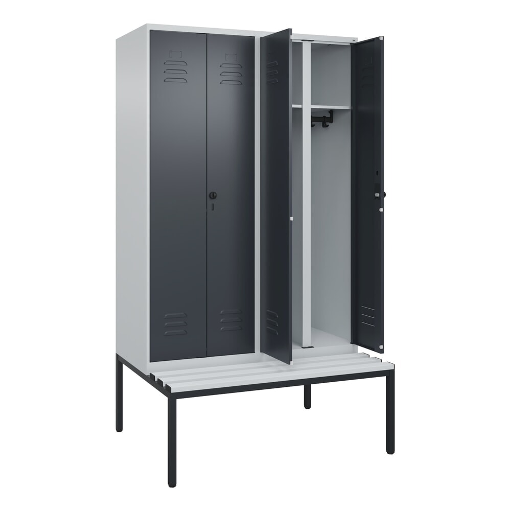 Produktabbildung: C+P Schwarz-Weiss-Spind Classic PLUS, 4 Abteile, HxBxT 2.120 x 1.200 x 815 mm, für Vorhängeschloss, untergebaute Bank aus Kunststoff, lichtgrau, anthrazitgrau