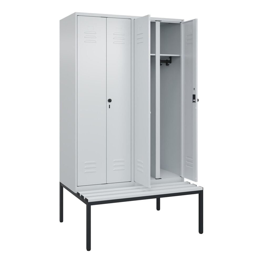 Illustration du produit: C+P Schwarz-Weiß-Spind Classic PLUS, 4 Abteile, HxBxT 2.120 x 1.200 x 815 mm, für Vorhängeschloss, untergebaute Bank aus Kunststoff, lichtgrau, lichtgrau