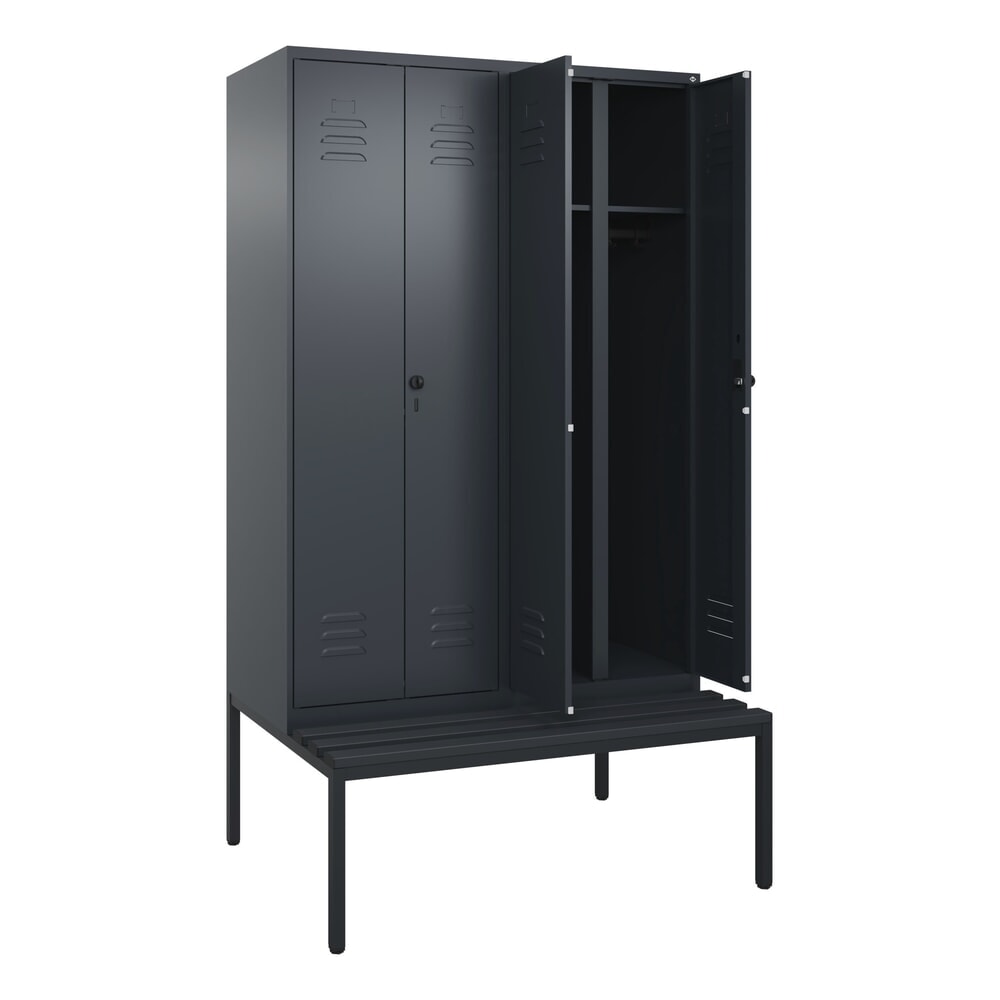 Illustration du produit: C+P Schwarz-Weiß-Spind Classic PLUS, 4 Abteile, HxBxT 2.120 x 1.200 x 815 mm, für Vorhängeschloss, untergebaute Bank aus Kunststoff, anthrazitgrau, anthrazitgrau