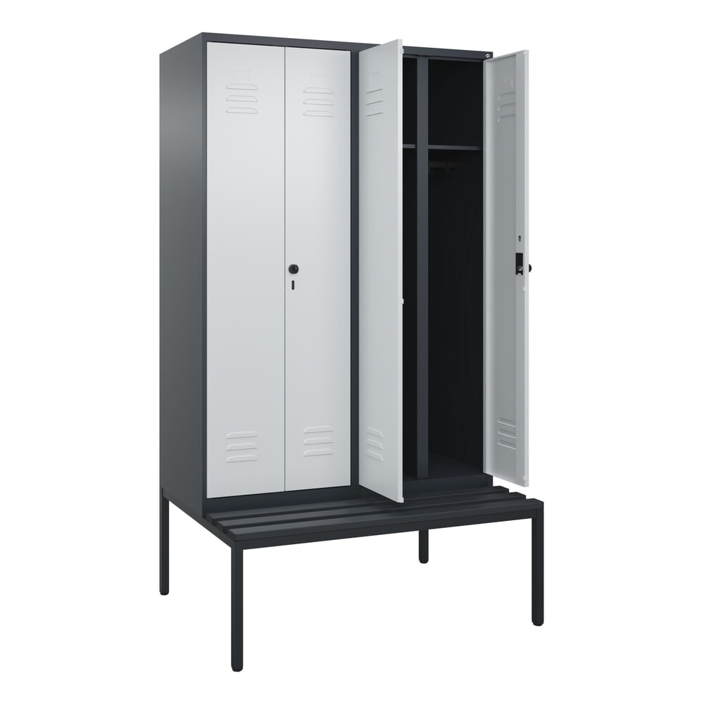Illustration du produit: C+P Schwarz-Weiß-Spind Classic PLUS, 4 Abteile, HxBxT 2.120 x 1.200 x 815 mm, für Vorhängeschloss, untergebaute Bank aus Kunststoff, anthrazitgrau, lichtgrau