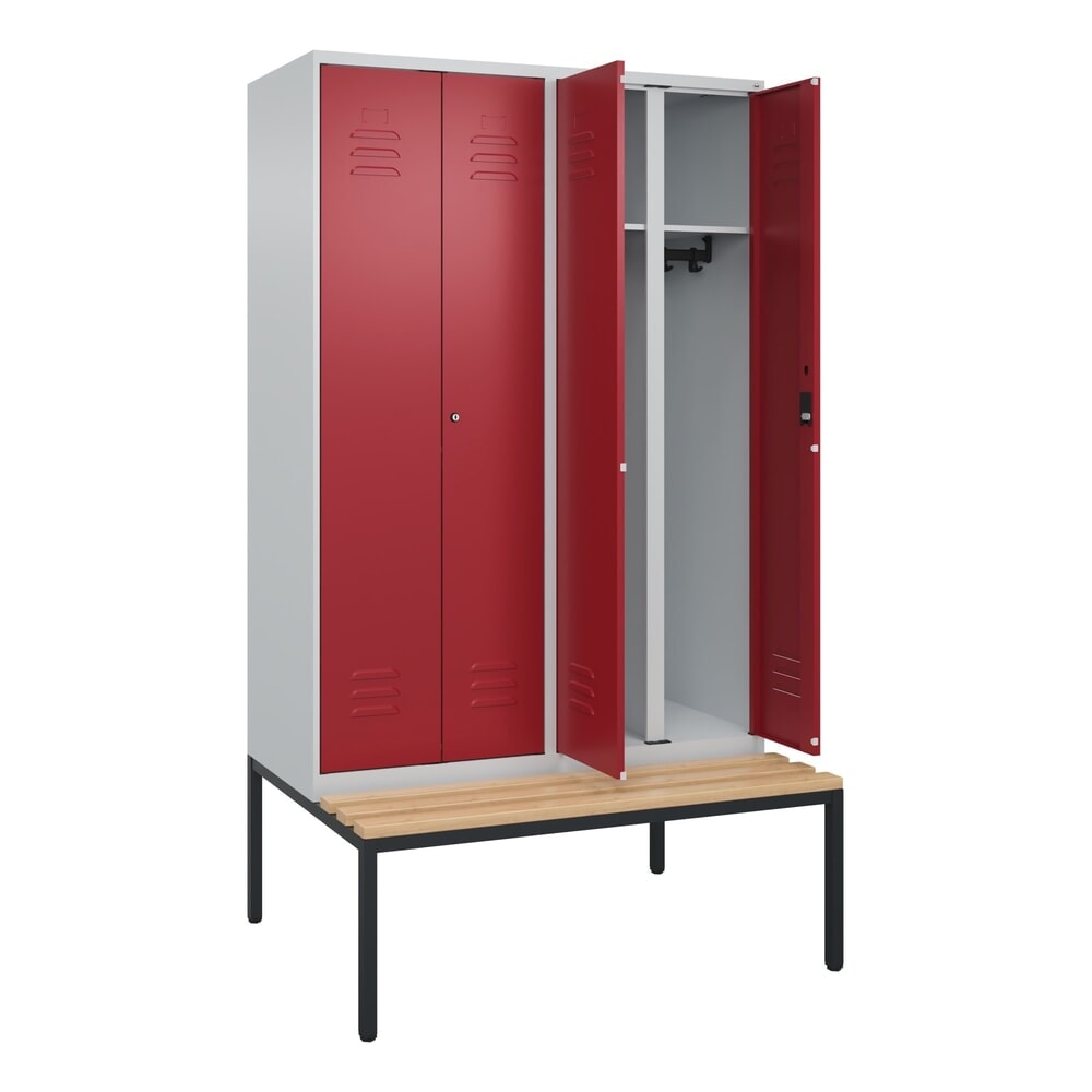 Illustration du produit: C+P Schwarz-Weiß-Spind Classic PLUS, 4 Abteile, HxBxT 2.120 x 1.200 x 815 mm, Zylinderschloss, untergebaute Bank aus Buche, lichtgrau, rubinrot