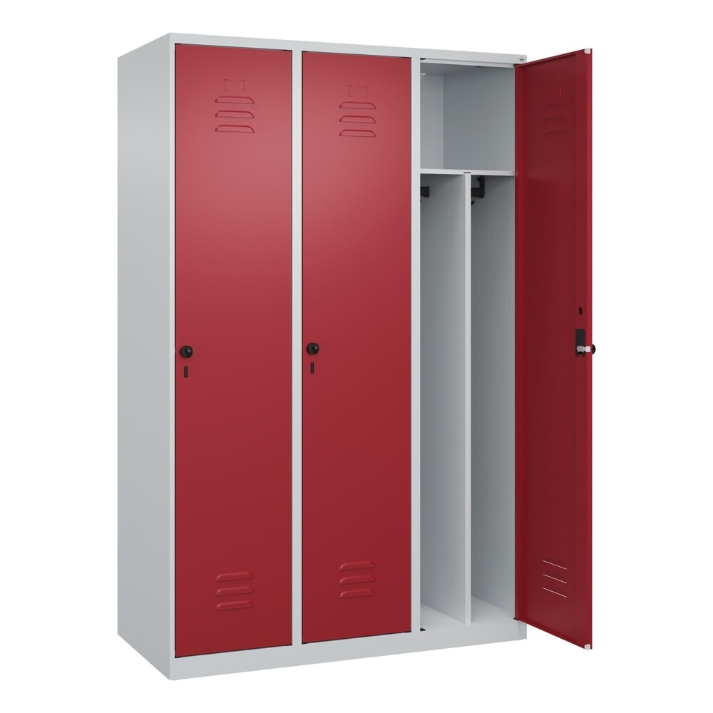 Illustration du produit: C+P Spind Classic PLUS, 3 Abteile, HxBxT 1.850 x 1.200 x 500 mm, lichtgrau, rubinrot, für Vorhängeschloss, mit Mitteltrennwand