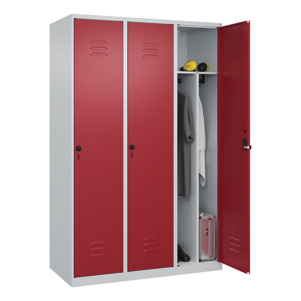 N° de l'image du produit 10 : C+P Spind Classic PLUS, 3 Abteile, HxBxT 1.850 x 1.200 x 500 mm, lichtgrau, rubinrot, für Vorhängeschloss, mit Mitteltrennwand