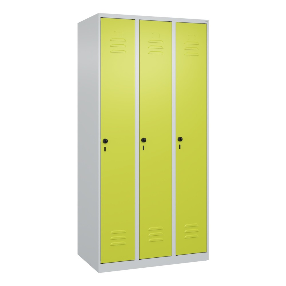 Produktabbildung: C+P Spind Classic PLUS, 3 Abteile, HxBxT 1.850 x 900 x 500 mm, lichtgrau, clowngrün, für Vorhängeschloss, ohne Mitteltrennwand