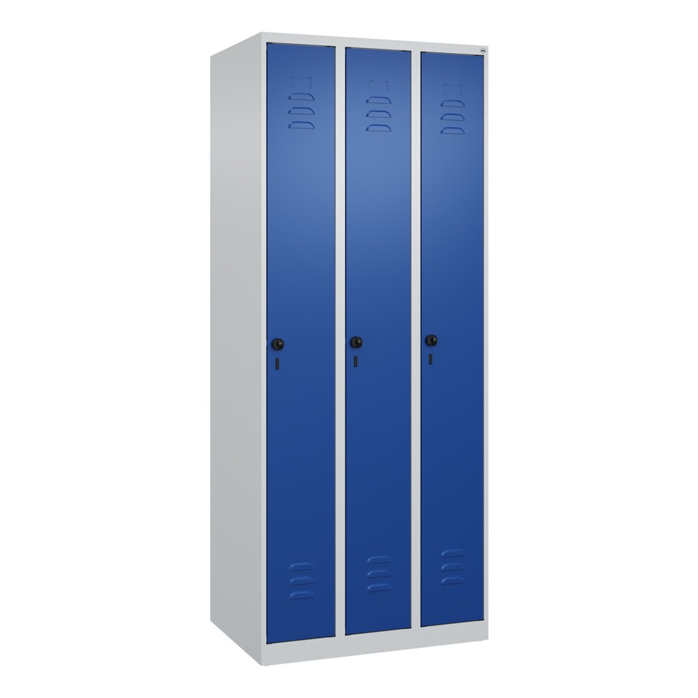 Produktabbildung: C+P Spind Classic PLUS, 3 Abteile, HxBxT 1.850 x 750 x 500 mm, lichtgrau, enzianblau, für Vorhängeschloss, ohne Mitteltrennwand