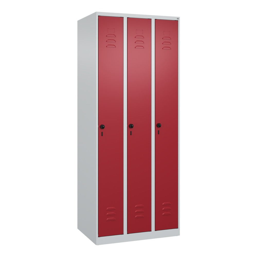 Produktabbildung: C+P Spind Classic PLUS, 3 Abteile, HxBxT 1.850 x 750 x 500 mm, lichtgrau, rubinrot, für Vorhängeschloss, ohne Mitteltrennwand
