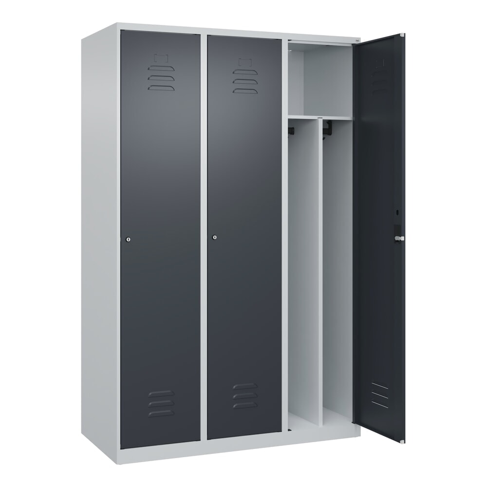 Illustration du produit: C+P Spind Classic PLUS, 3 Abteile, HxBxT 1.850 x 1.200 x 500 mm, lichtgrau, anthrazitgrau, Zylinderschloss, mit Mitteltrennwand