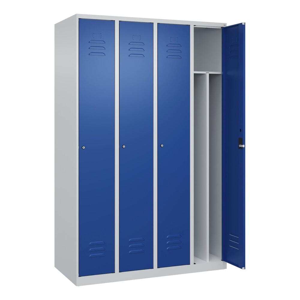 Illustration du produit: C+P Spind Classic PLUS, 4 Abteile, HxBxT 1.850 x 1.200 x 500 mm, lichtgrau, enzianblau, Zylinderschloss, mit Mitteltrennwand