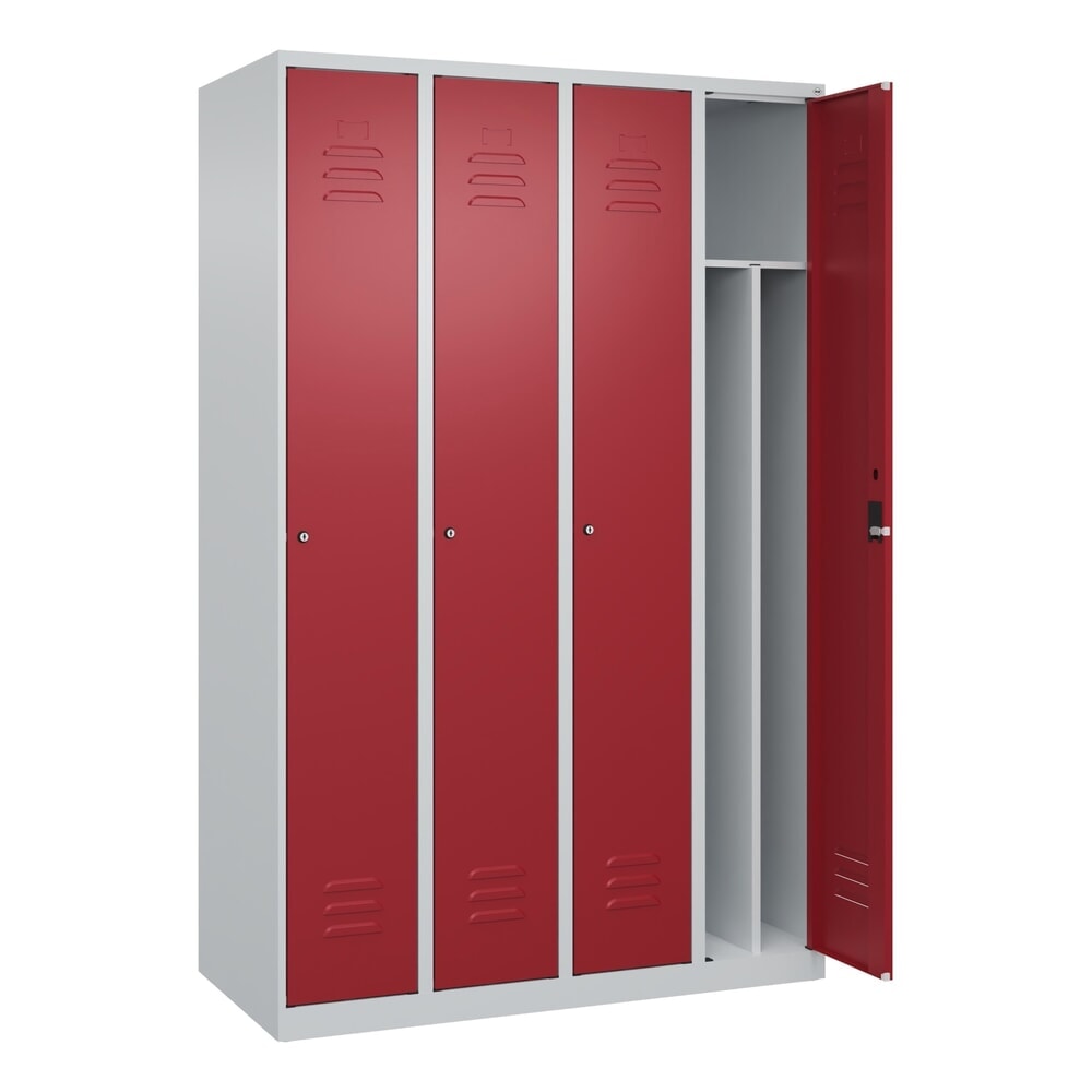 Illustration du produit: C+P Spind Classic PLUS, 4 Abteile, HxBxT 1.850 x 1.200 x 500 mm, lichtgrau, rubinrot, Zylinderschloss, mit Mitteltrennwand