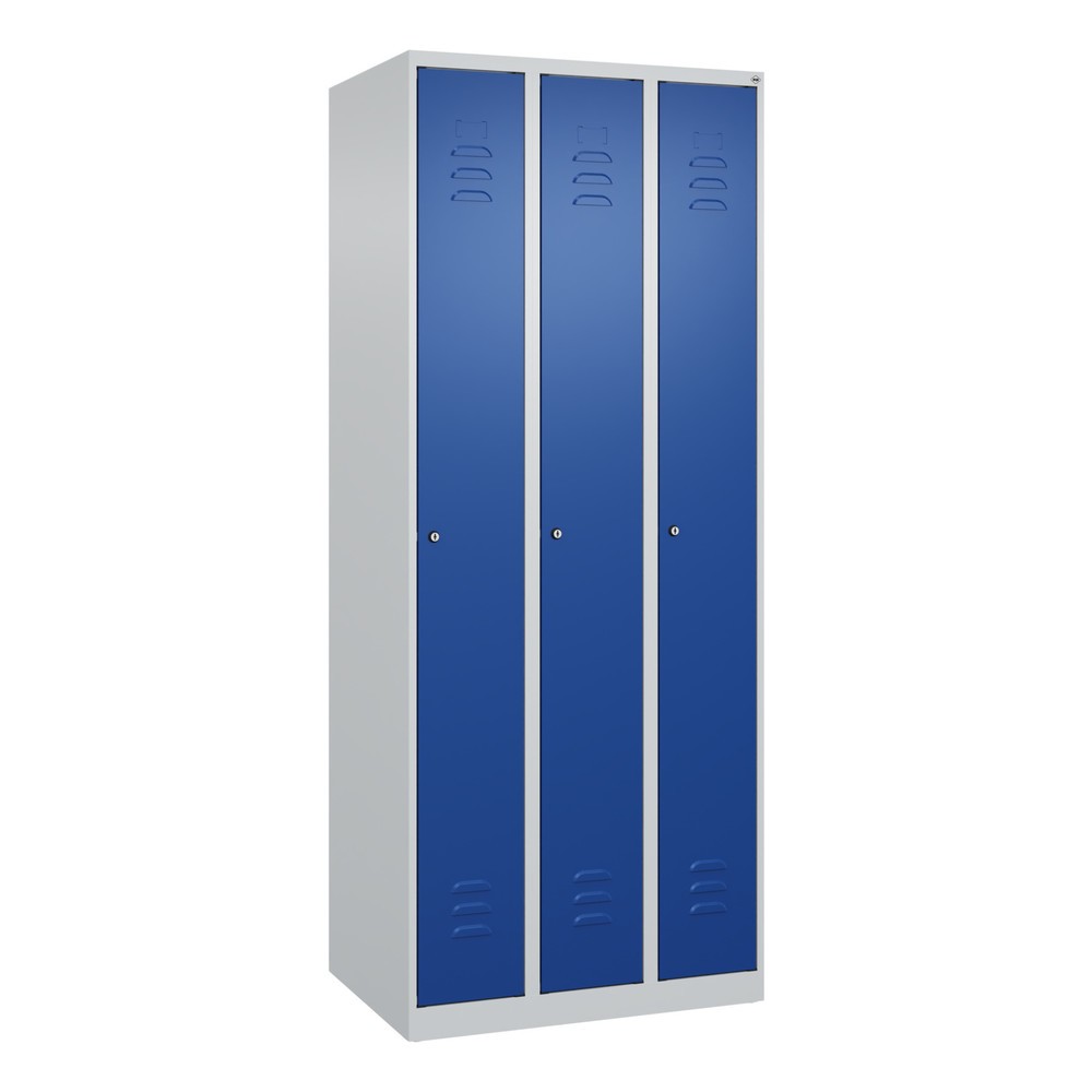Produktabbildung: C+P Spind Classic PLUS, 3 Abteile, HxBxT 1.850 x 750 x 500 mm, lichtgrau, enzianblau, Zylinderschloss, ohne Mitteltrennwand