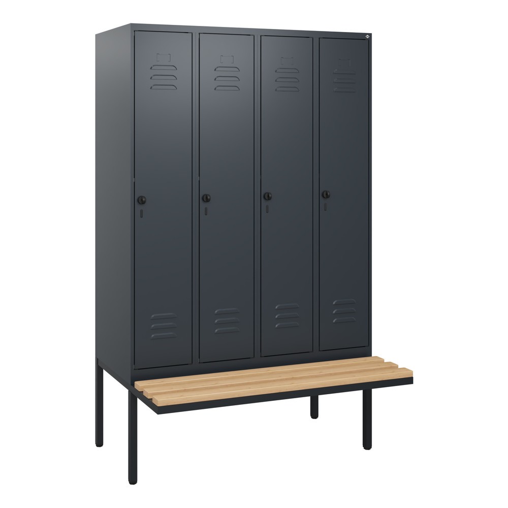 Produktabbildung: C+P Spind Classic PLUS, 4 Abteile, HxBxT 1.950 x 1.200 x 815 mm, für Vorhängeschloss, auskragende Bank aus Buche, anthrazitgrau, anthrazitgrau