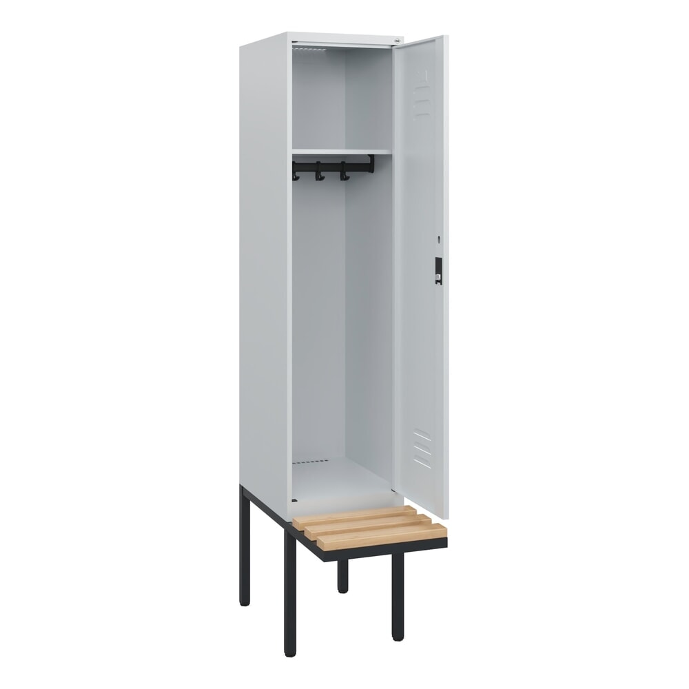 C+P Spind Classic PLUS, 1 Abteil, HxBxT 1.950 x 400 x 815 mm, für Vorhängeschloss, auskragende Bank aus Buche, lichtgrau, lichtgrau Produktabbildung: C+P Spind Classic PLUS, 1 Abteil, HxBxT 1.950 x 400 x 815 mm, für Vorhängeschloss, auskragende Bank aus Buche, lichtgrau, lichtgrau