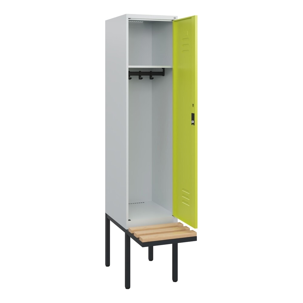 C+P Spind Classic PLUS, 1 Abteil, HxBxT 1.950 x 400 x 815 mm, für Vorhängeschloss, auskragende Bank aus Buche, lichtgrau, clowngrün Produktabbildung: C+P Spind Classic PLUS, 1 Abteil, HxBxT 1.950 x 400 x 815 mm, für Vorhängeschloss, auskragende Bank aus Buche, lichtgrau, clowngrün