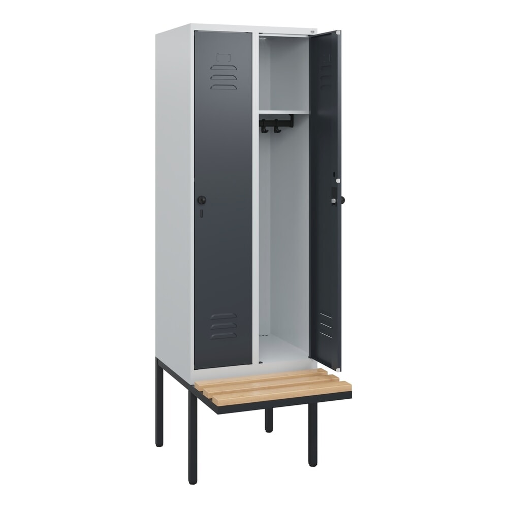 C+P Spind Classic PLUS, 2 Abteile, HxBxT 1.950 x 600 x 815 mm, für Vorhängeschloss, auskragende Bank aus Buche, lichtgrau, anthrazitgrau N° de l'image du produit 1 : C+P Spind Classic PLUS, 2 Abteile, HxBxT 1.950 x 600 x 815 mm, für Vorhängeschloss, auskragende Bank aus Buche, lichtgrau, anthrazitgrau