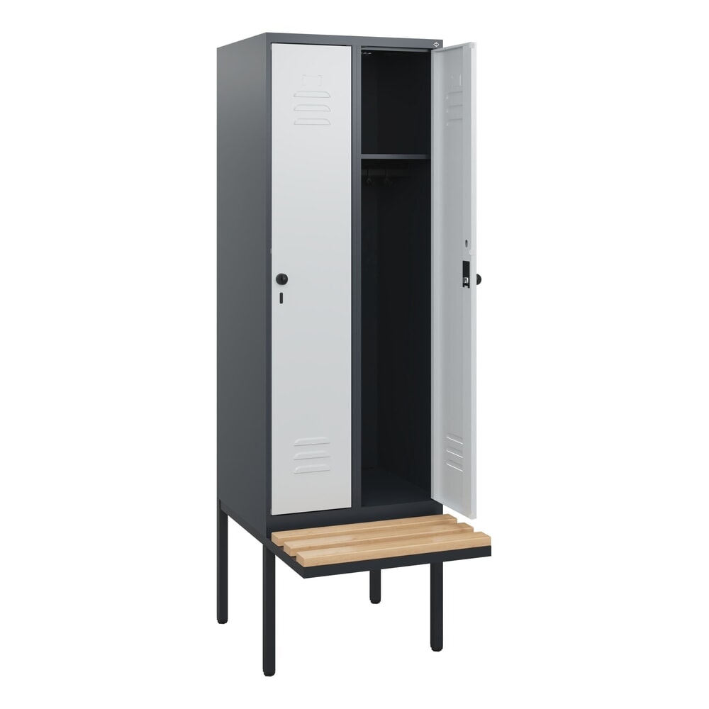 C+P Spind Classic PLUS, 2 Abteile, HxBxT 1.950 x 600 x 815 mm, für Vorhängeschloss, auskragende Bank aus Buche, anthrazitgrau, lichtgrau Produktabbildung Nr. 1: C+P Spind Classic PLUS, 2 Abteile, HxBxT 1.950 x 600 x 815 mm, für Vorhängeschloss, auskragende Bank aus Buche, anthrazitgrau, lichtgrau
