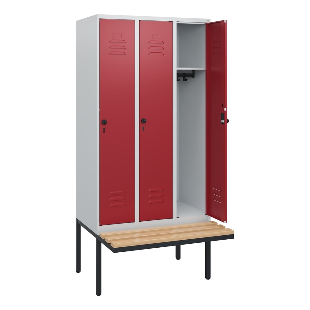 C+P Spind Classic PLUS, 3 Abteile, HxBxT 1.950 x 900 x 815 mm, für Vorhängeschloss, auskragende Bank aus Buche, lichtgrau, rubinrot Produktabbildung: C+P Spind Classic PLUS, 3 Abteile, HxBxT 1.950 x 900 x 815 mm, für Vorhängeschloss, auskragende Bank aus Buche, lichtgrau, rubinrot