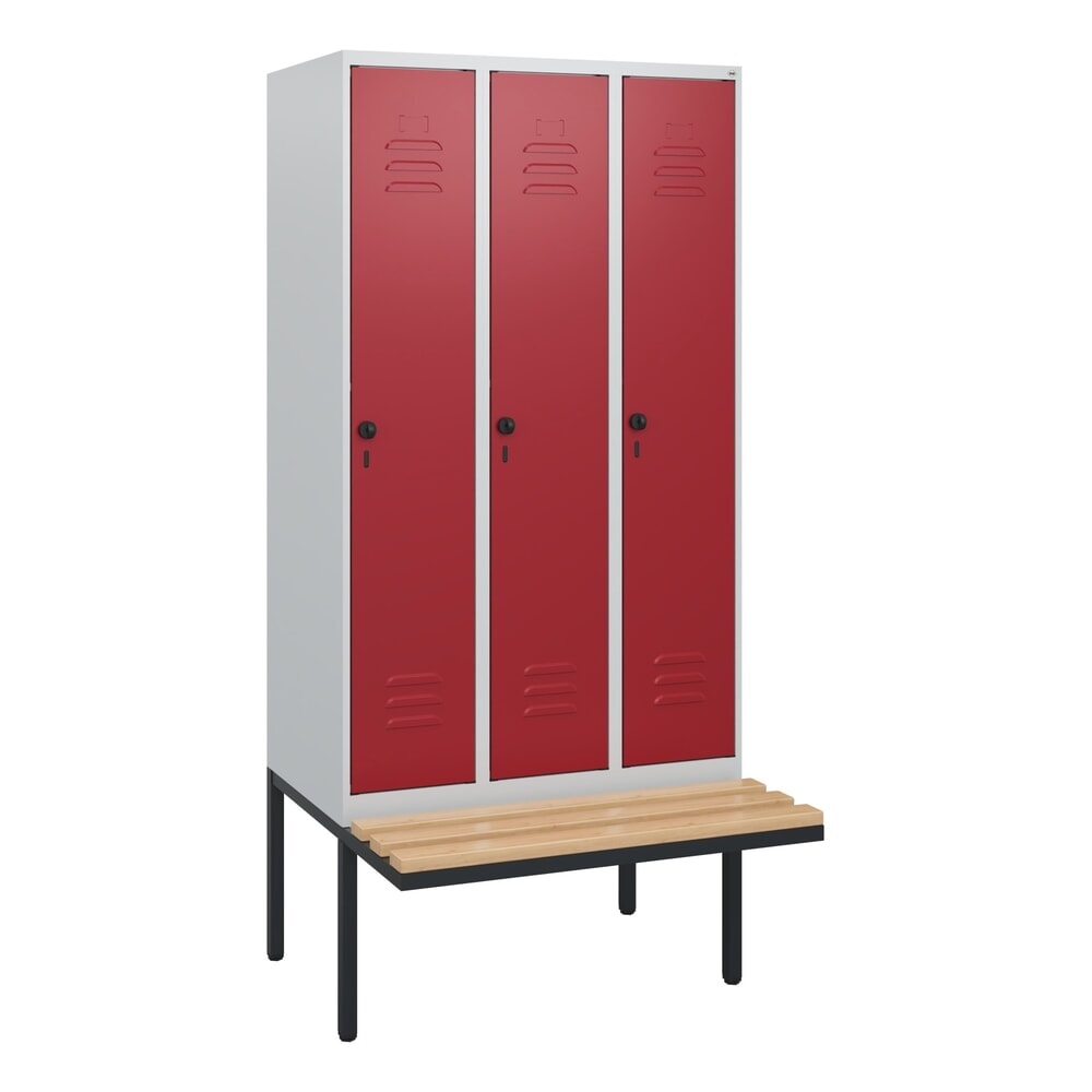 C+P Spind Classic PLUS, 3 Abteile, HxBxT 1.950 x 900 x 815 mm, für Vorhängeschloss, auskragende Bank aus Buche, lichtgrau, rubinrot Produktabbildung Nr. 8: C+P Spind Classic PLUS, 3 Abteile, HxBxT 1.950 x 900 x 815 mm, für Vorhängeschloss, auskragende Bank aus Buche, lichtgrau, rubinrot