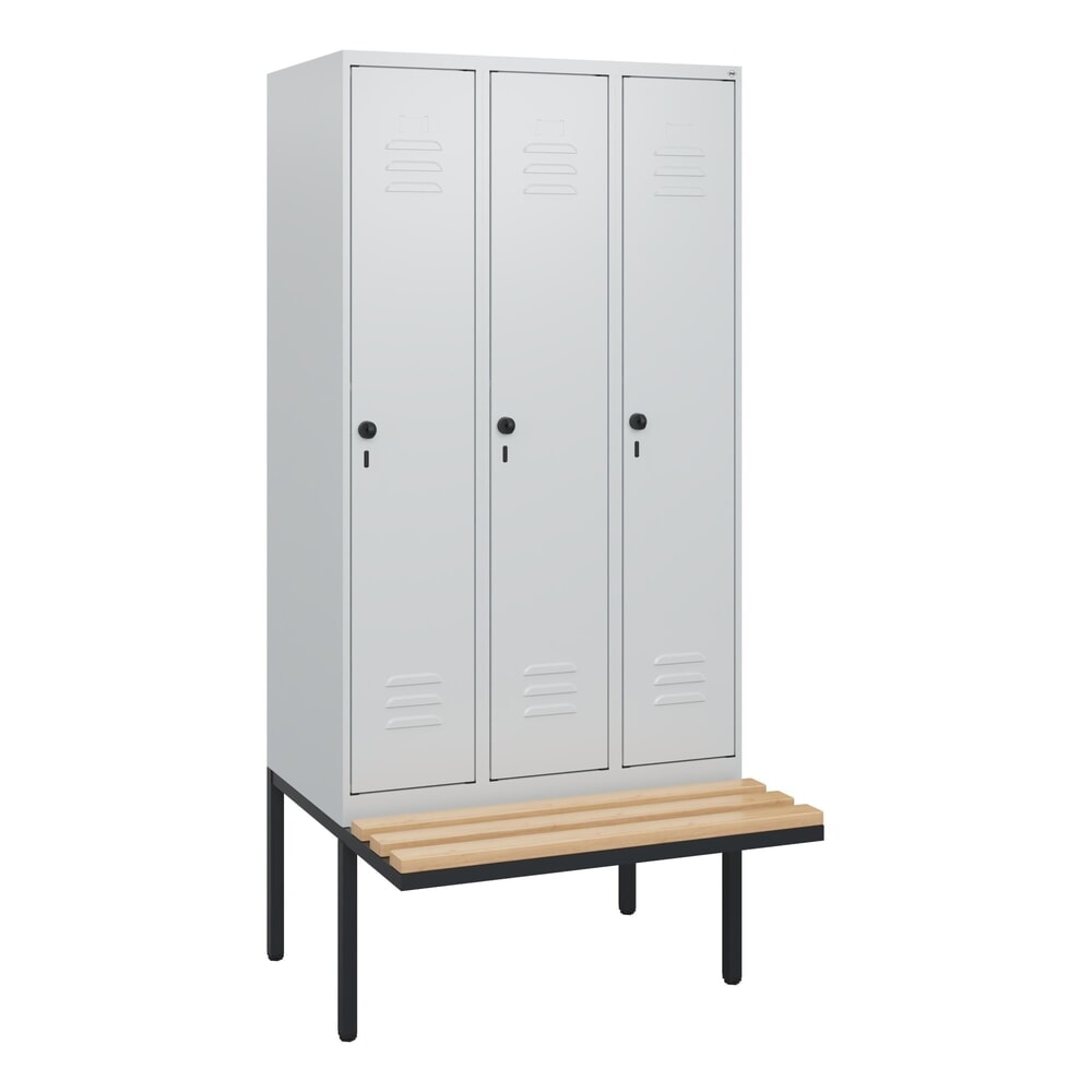 Produktabbildung Nr. 9: C+P Spind Classic PLUS, 3 Abteile, HxBxT 1.950 x 900 x 815 mm, für Vorhängeschloss, auskragende Bank aus Buche, lichtgrau, lichtgrau