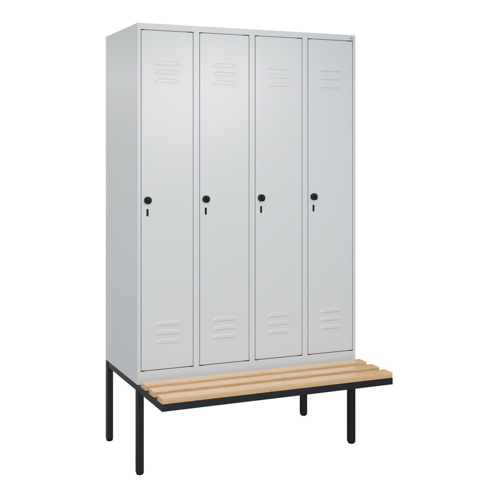 Illustration du produit: C+P Spind Classic PLUS, 4 Abteile, HxBxT 2.120 x 1.200 x 815 mm, für Vorhängeschloss, auskragende Bank aus Buche, lichtgrau, lichtgrau