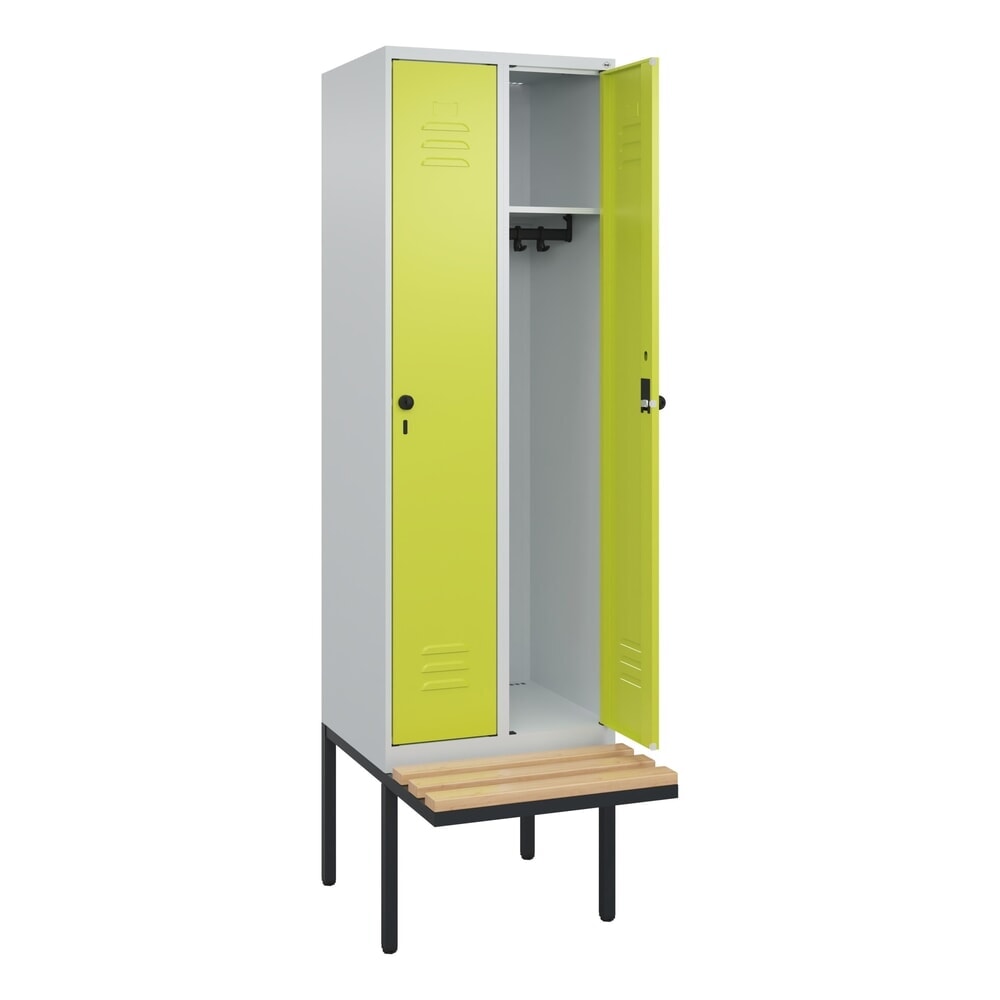 C+P Spind Classic PLUS, 2 Abteile, HxBxT 2.120 x 600 x 815 mm, für Vorhängeschloss, auskragende Bank aus Buche, lichtgrau, clowngrün Produktabbildung Nr. 1: C+P Spind Classic PLUS, 2 Abteile, HxBxT 2.120 x 600 x 815 mm, für Vorhängeschloss, auskragende Bank aus Buche, lichtgrau, clowngrün