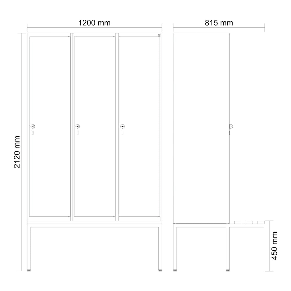 Produktabbildung Nr. 8: C+P Spind Classic PLUS, 3 Abteile, HxBxT 2.120 x 1.200 x 815 mm, für Vorhängeschloss, auskragende Bank aus Kunststoff, lichtgrau, enzianblau