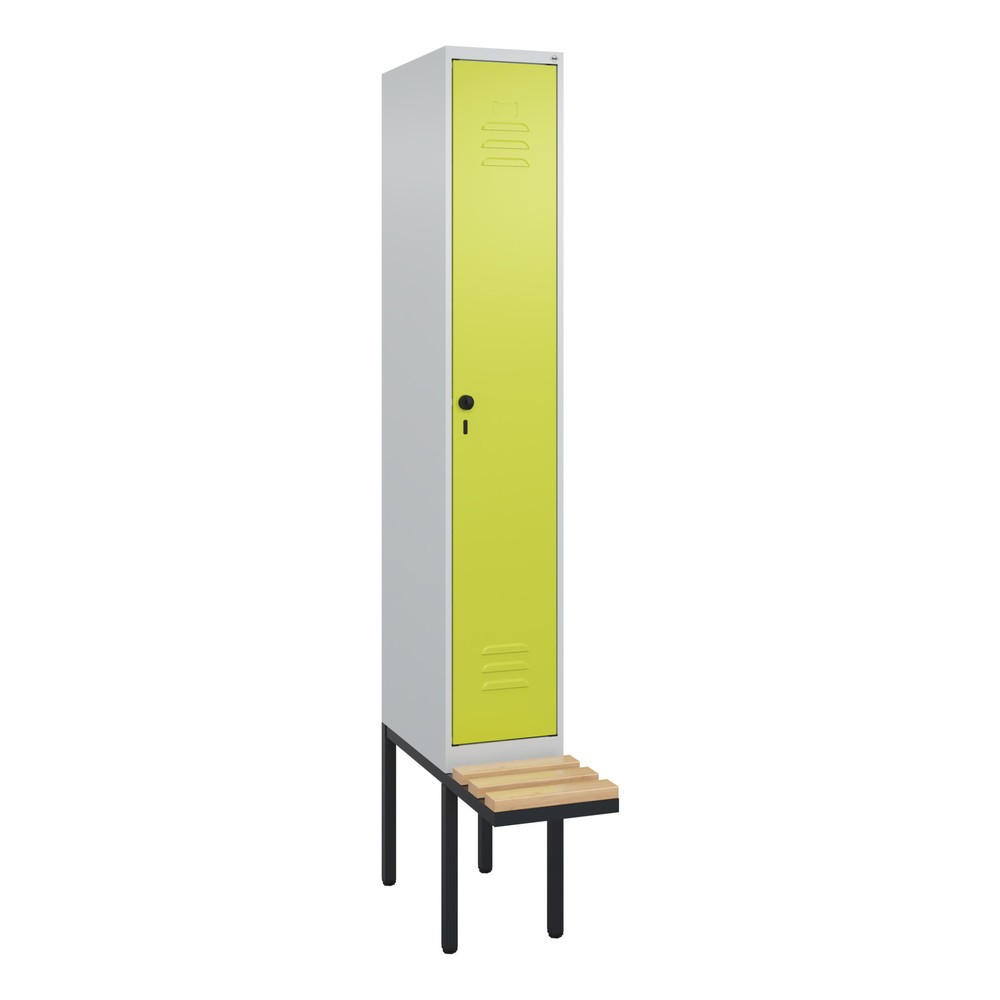 Produktabbildung: C+P Spind Classic PLUS, 1 Abteil, Trennwand, HxBxT 2.120 x 300 x 815 mm, für Vorhängeschloss, auskragende Bank aus Buche, lichtgrau, clowngrün