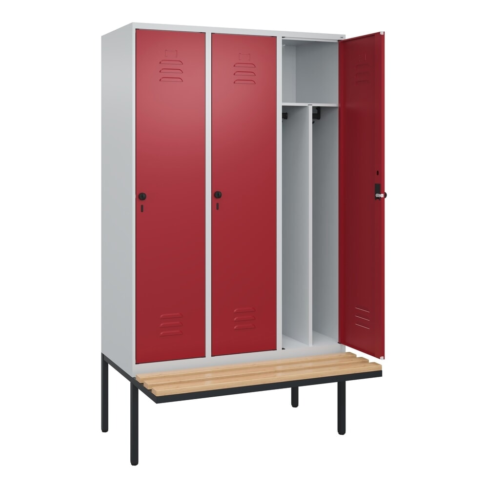 Illustration du produit: C+P Spind Classic PLUS, 3 Abteile, Trennwand, HxBxT 2.120 x 1.200 x 815 mm, für Vorhängeschloss, auskragende Bank aus Buche, lichtgrau, rubinrot